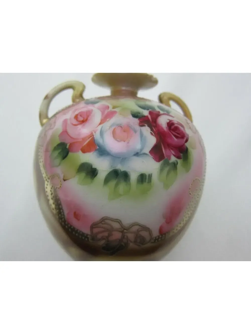 Vintage Nippon Round Vase w/ Handles, Hand Painted Roses Floral Gold Gilded Bead